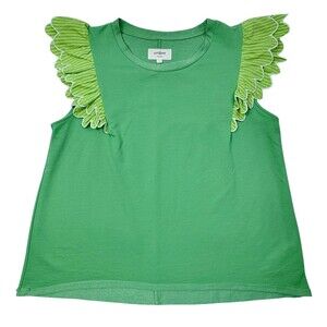 Umgee Green Ruffle Sleeve Top L Contrast Stripe Scallop Trim Boutique